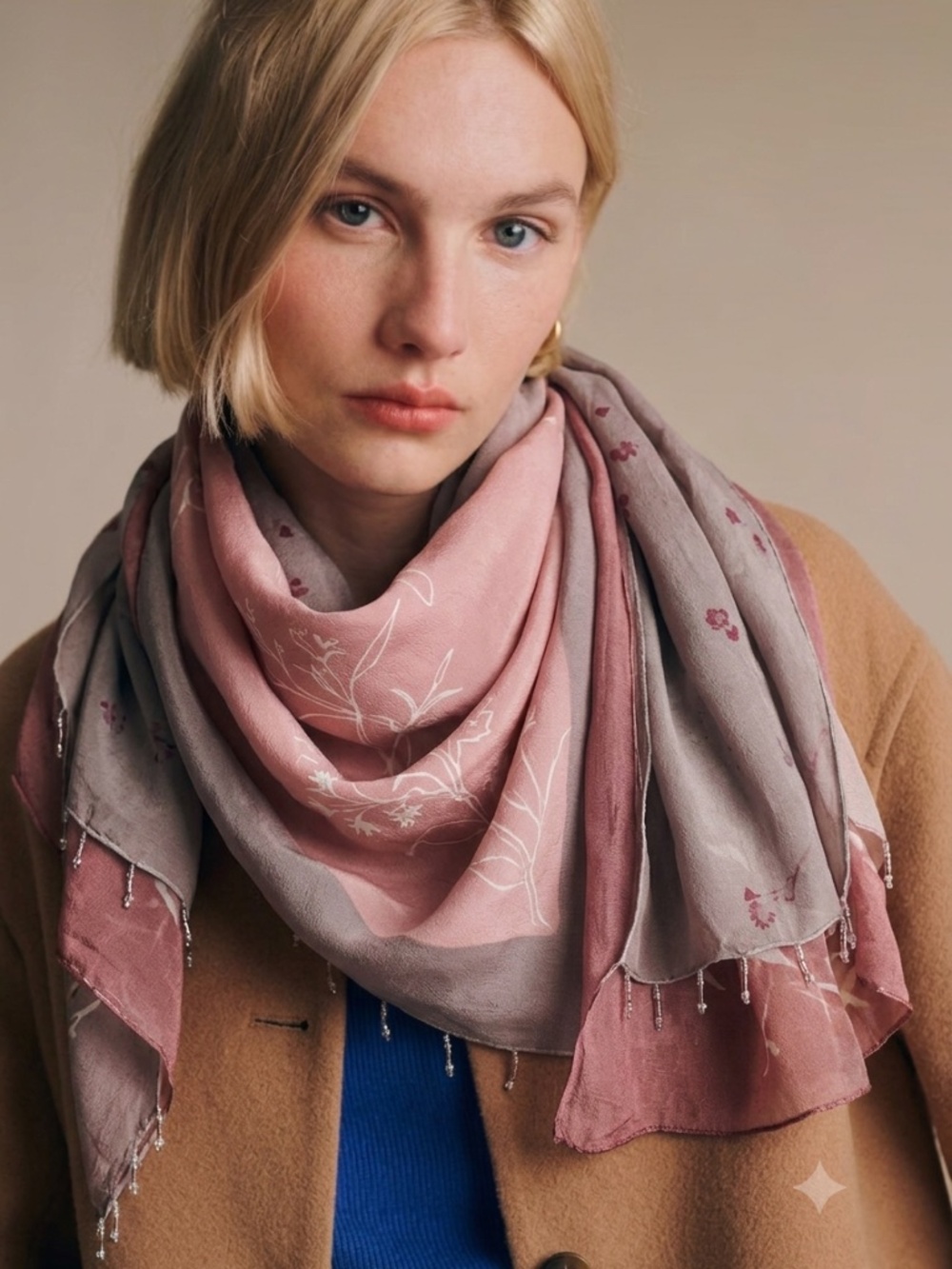 Ralph Lauren Elegant Soft Pink & Grey Reversible Floral Japanese Silk Scarf